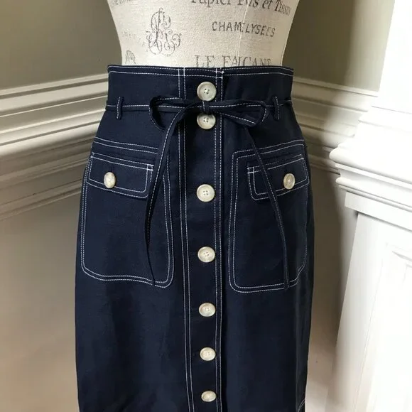 NWT JCrew Button Up Skirt Womens 8 T Tall Navy Blue Straight Stretch Linen NEW - Picture 8 of 15